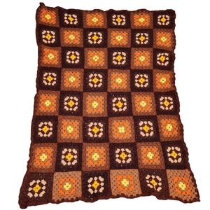 VINTAGE Crochet Afghan Blanket 31x40 Brown Orange 1970s Retro Granny Square